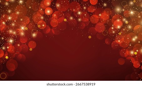 Shiny Festive Background. Abstract Red Gold Glitter Background. Bokeh and Confetti Design Element for Merry Christmas and Happy New Year Banner, Poster, Website Congratulations. Holiday Party BG.
