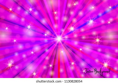 Shiny, festive bright background with random, chaotic, scattered bokeh lights, rays in violet colors.