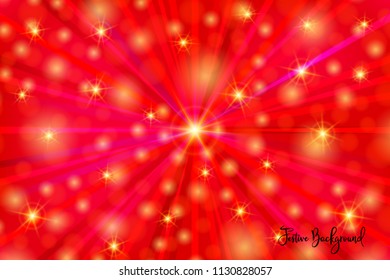 Shiny, festive bright background with random, chaotic, scattered bokeh lights, rays in red colors.