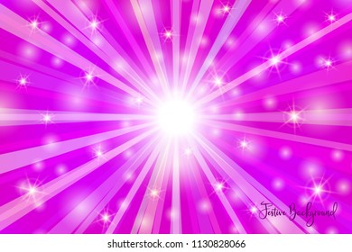 Shiny, festive bright background with random, chaotic, scattered bokeh lights, rays in violet colors.