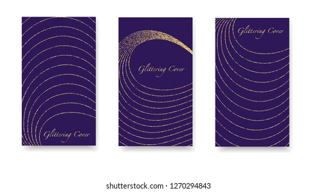 Shiny festive gold backgrounds. Set of violet gold covers, templates, printing elements, cards. Round glittering confetti, festive tinsel, magic design for polygraphy. Glowing Vector Cover.