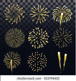 Shiny festive golden fireworks set. Celebration and birthday, holiday and party background. Isolated, vector illustration. Can be used for card, web design, banner, brochure template. 