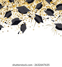 Shiny festive seamless border pattern with graduate hats, confetti, and golden fireworks in the air. Flying graduation caps background. Vector illustration.