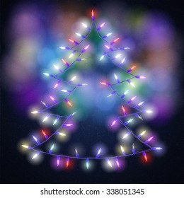 Shiny fir tree with Christmas lights on blackboard background. Vector illustration