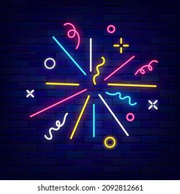 Shiny firework neon sign. Happy Birthday confetti with sparkles. Merry Christmas party. Outer glowing poster. Holiday celebration design on brick wall. Editable stroke. Vector stock illustration
