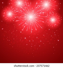 Shiny firework on red starry background, illustration.