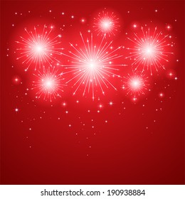 Shiny Firework With Stars On Red Background, Illustration.