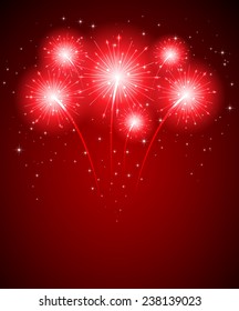 Shiny Firework And Stars On Red Background, Illustration.