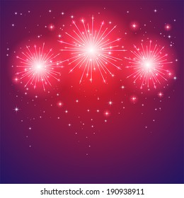 Shiny firework with stars on violet background, illustration.