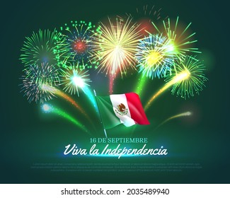 Pancarta de brillantes fuegos artificiales para el Día de la Independencia de México. Antecedentes de la celebración del Día Nacional de México país, tarjeta de saludo, afiche con fuegos artificiales y ondeando la bandera nacional ilustración vectorial realista