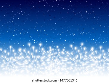 Shiny fireworks border on blue starry sky - horizontal background for Christmas and New Year holiday design