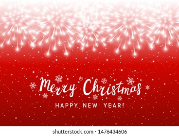 Shiny fireworks border on red starry background - horizontal banner for Christmas and New Year holiday design
