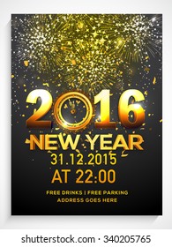 Shiny fireworks decorated Flyer, Banner or Pamphlet with golden text 2016 and Clock for Happy New Year's Eve Party celebration.