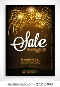 Shiny fireworks decorated sale poster, banner or flyer for Muslim community festival, Eid celebration.