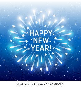 Shiny fireworks on blue starry sky background for New Year design