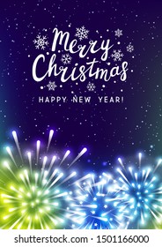 Shiny fireworks on color starry sky background - vertical greeting card for Christmas and New Year holiday design