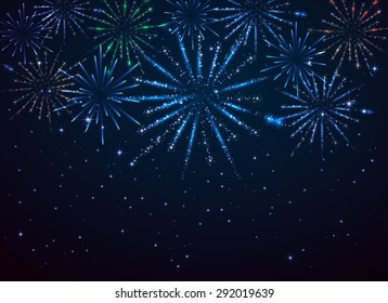 Shiny fireworks on dark blue background, illustration.