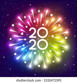 Shiny fireworks on rainbow starry sky background for 2020 New Year design