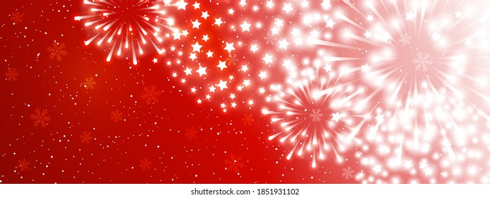 Shiny fireworks on red background - horizontal panoramic banner for Christmas and New Year holiday design