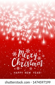 Shiny fireworks on red starry background - vertical greeting card for Christmas and New Year holiday design