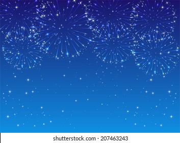 Shiny fireworks with stars on blue background, illustration.