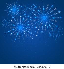 Shiny fireworks with stars on blue background, illustration.