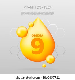 Shiny fish oil nutrition, omega 9, for good health isolated on transparent background. Vector illustration.