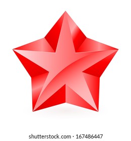 Shiny five-pointed red star on white background.