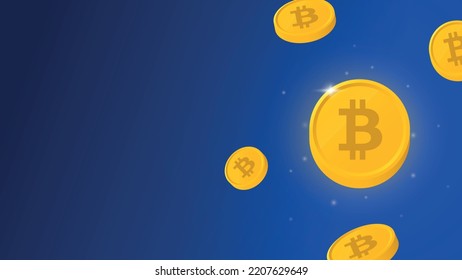 Shiny and floating Bitcoin coins. BTC cryptocurrency on a blue background.