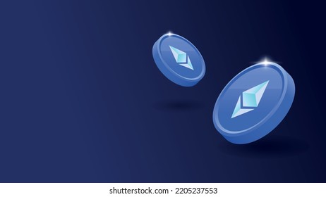 Shiny and floating Ethereum coins. ETH cryptocurrency on a dark blue background.