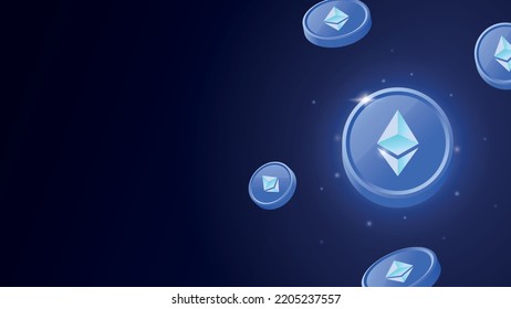 Shiny and floating Ethereum coins. ETH cryptocurrency on a dark blue background.