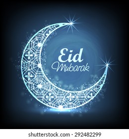 Shiny floral decorated crescent moon on blue background for muslim community festival, Eid Mubarak celebration.