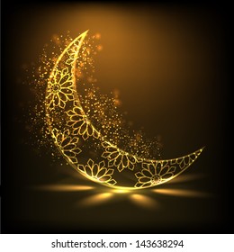 Shiny floral decorative moon on brown background for Muslim community festival Eid Mubarak.