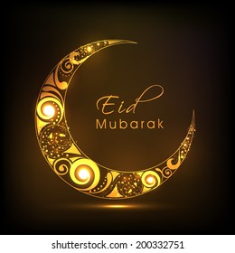 Shiny floral design decorated crescent moon on brown background for Eid Mubarak festival celebrations. 