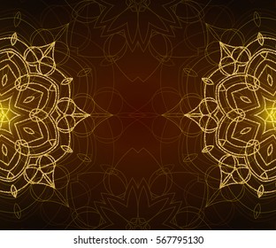 Shiny floral mandala background. Indian traditional decorative ornament. Good for yoga studio or meditation classes, flyer, card, invitation. Realistic gold glitter sequins. Vector EPS10 illustration.