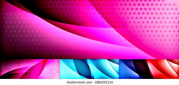 Shiny flowing neon waves abstract background set