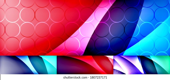 Shiny flowing neon waves abstract background set