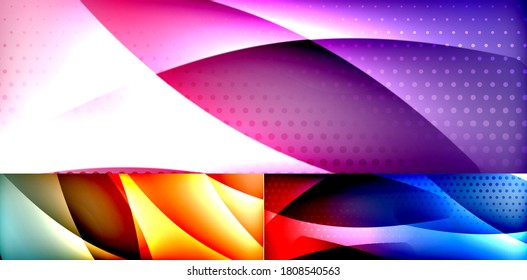 Shiny flowing neon waves abstract background set