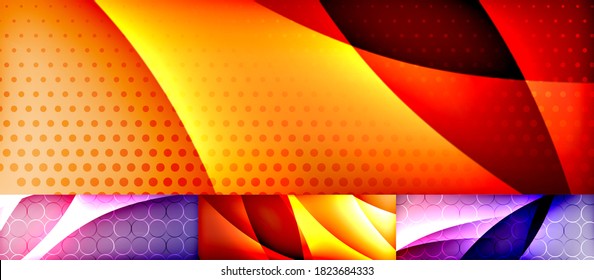 Shiny flowing neon waves abstract background set