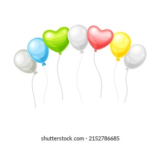 Shiny flying balloons with ropes. Holidays celebration decor vector illustration