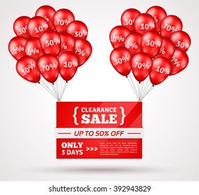 Shiny Flying Bunches of Red Balloons with Sale Banner. Vector Illustration. Concept of Discount. Design elements template for holiday clearance event.