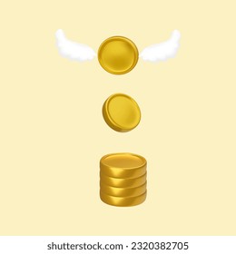 A shiny flying gold coin with gilded wings on a dark background. A symbol of good luck and success in financial affairs. Release from financial shackles and achieving the goal.