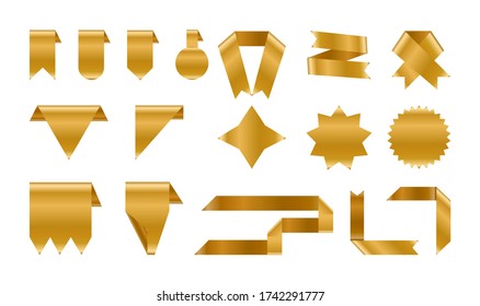 Shiny foil gold labels and ribbon set. Metallic background banner. Congratulation gradient retro flag, tape for text, price tag, sale label. Blank template different shape Isolated vector illustration