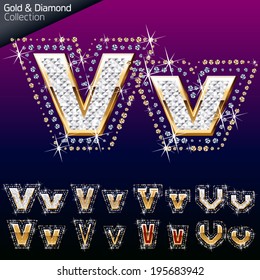 Shiny font of gold and diamond vector illustration. Letter v