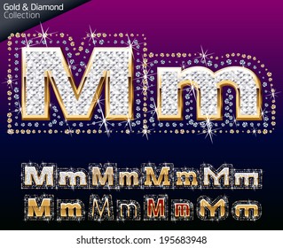 Luminosa fuente de la ilustración del vector oro y diamante. Letra m