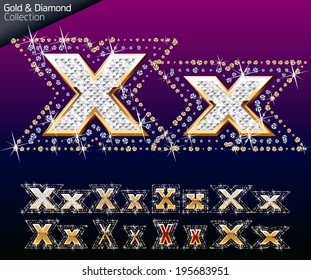 Luminosa fuente de la ilustración del vector oro y diamante. Letra x