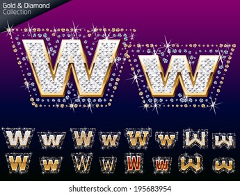 Luminosa fuente de la ilustración del vector oro y diamante. Letra w