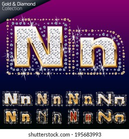 Shiny font of gold and diamond vector illustration. Letter n