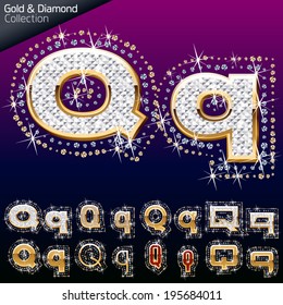 Shiny font of gold and diamond vector illustration. Letter q