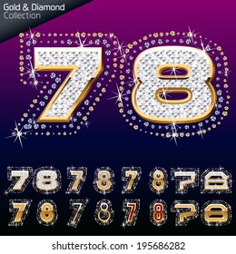 Luminosa fuente de la ilustración del vector oro y diamante. Números 7 - 8